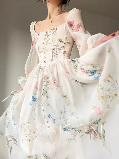 Vinatge Long Dresses Spring Summer French Aline Beach Dress Lantern Sleeve Evening Party Prom Robe Vestidos