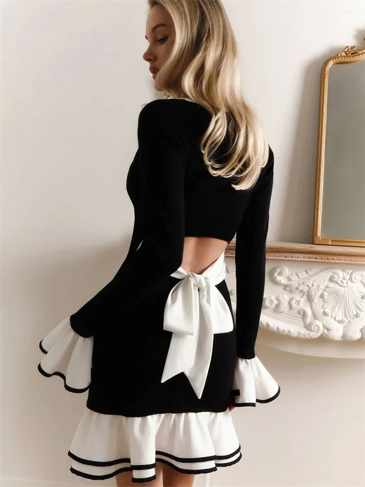 Ruffled Backless Tee Bow Mini Dress Female Slim High Waist Party Dress Commute Clothes Autumn Dress