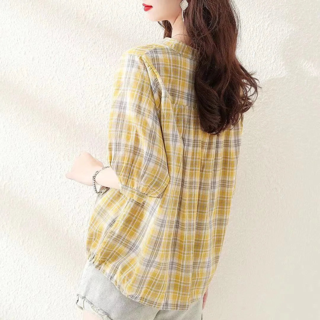 Woman Summer Style Blouses Tops Lady V-neck Short Sleeve Striped Printed Blusas Tops Df4537