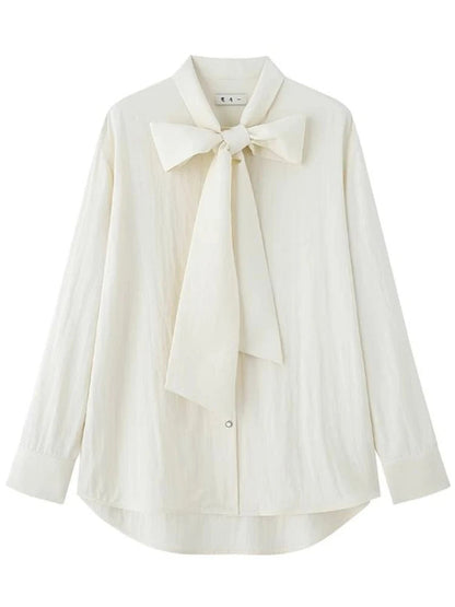 Beige Blouse Bow Tie Long Sleeve Shirt Female Oversized Office Spring Clothes
