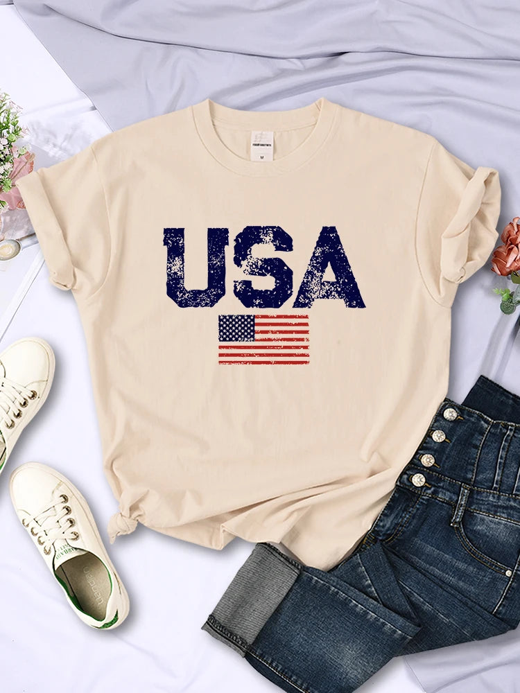 Usa Letters American Flag Stars and Stripes Printed T-shirts Street Hip Hop Tee Clothing Summer Breathable Tshirt Female