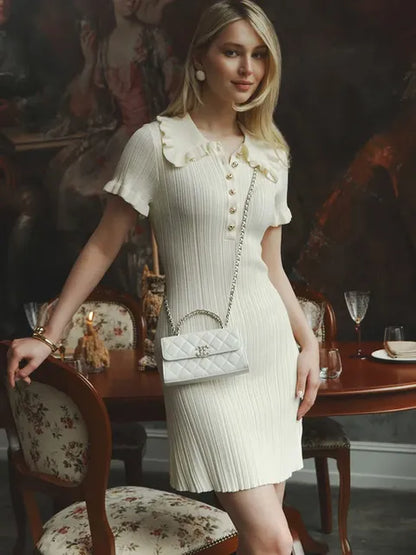 Ruffled Knit High Waist Mini Dress ’s Color Slim Fit Retro Single Breasted Short Sleeve Mini Dress