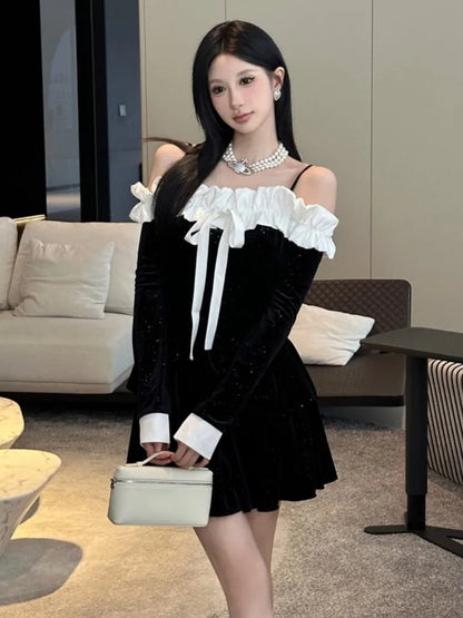 Velvet Dresses Off Shoulder Slash Neck Princess Birthday Party Mini Dress Spaghetti Strap Short Vestidos New
