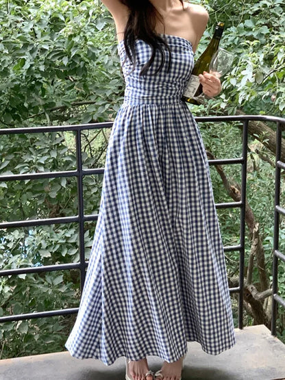 Strapless Midi Dresses for Striped Sleeveless A-line Korean Summer New Party Dress Vestidos Mujer