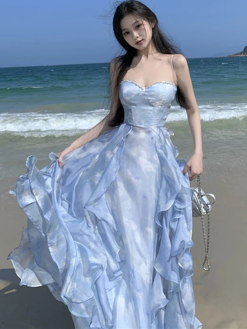 New Summer Long Dresses for Spaghetti Strap Korean A-line Ruffles Beach Style Party Dress One Piece Vestido Mujer