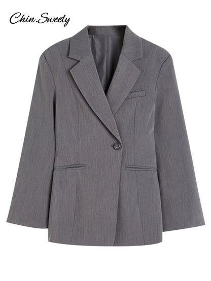 Metal Button Blazer Suit Slim V Neck Long Sleeve Fake Pocket Jacket Autumn Shoulder Pads Office Lady Outwear
