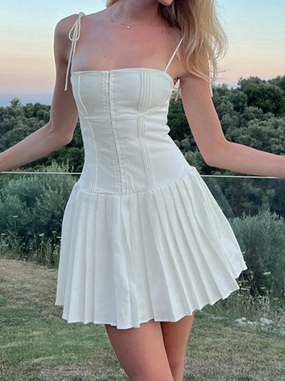 Sweet French Style White Spaghetti Straps a Line Pleated Dresses for Front Hook Closure Fit and Flare Mini Dress