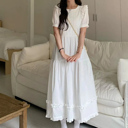 White Long Dresses Puff Sleeve Spring Summer Vestidos Mujer Korean Ruffles Sweet Dress