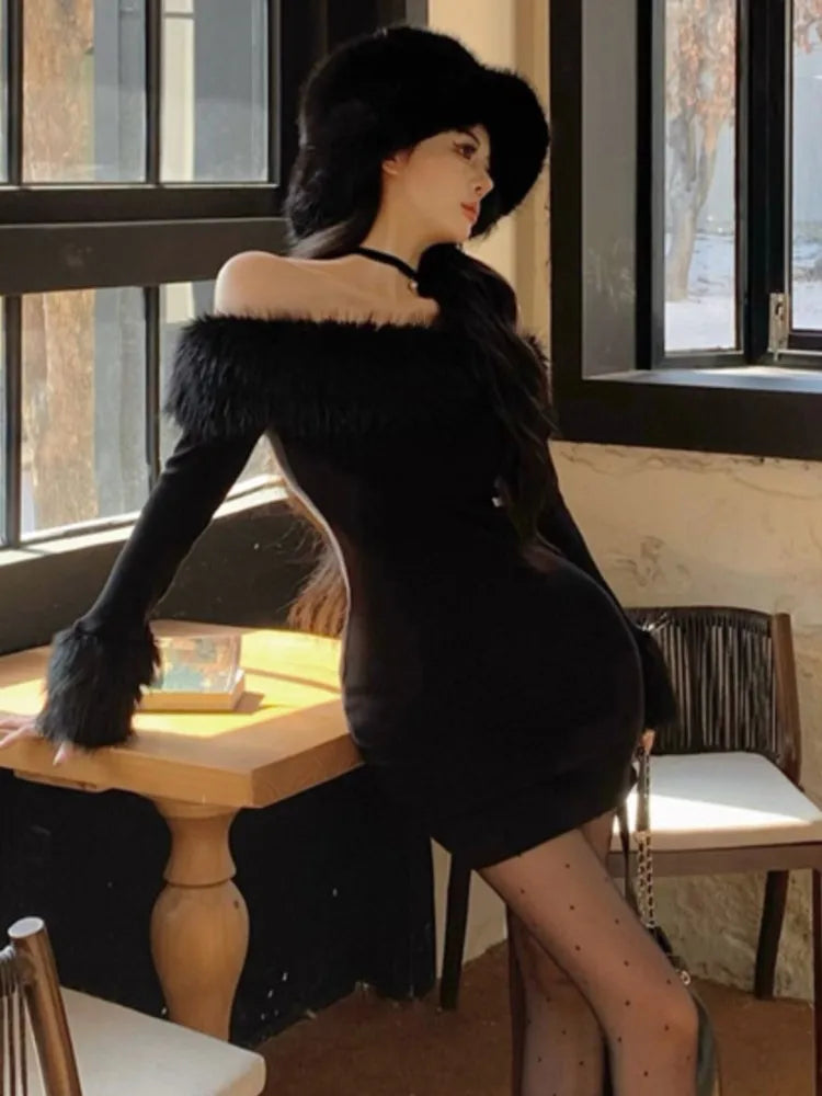 Y2k Christmas Mini Dress for Off Shoulder Slash Neck Patchwork Bodycon Party Dresses Winter Sweet Prom Vestidos Robe