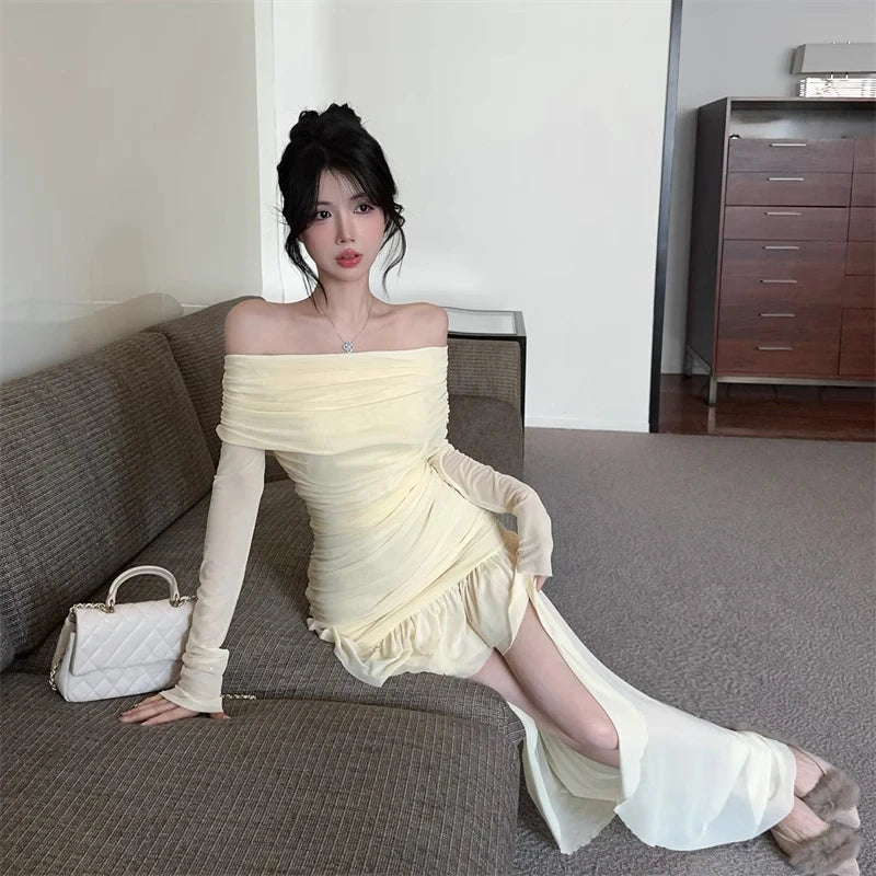 Mesh Mini Dresses Slash Neck Spring Summer Dress Korean Ruffles Vestidos Mujer