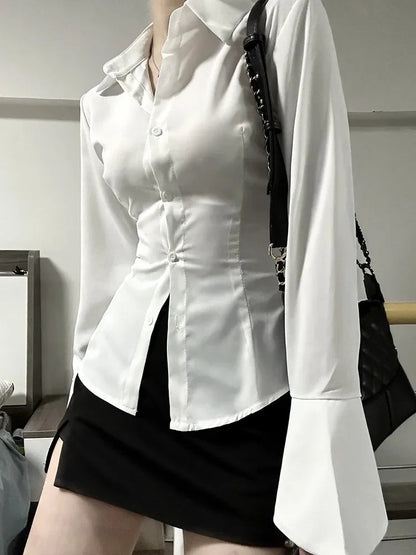 Bodycon Chiffon Shirt Turndown Collar Flare Sleeve Tunic Tops Bandage Design Female Blouses Spring