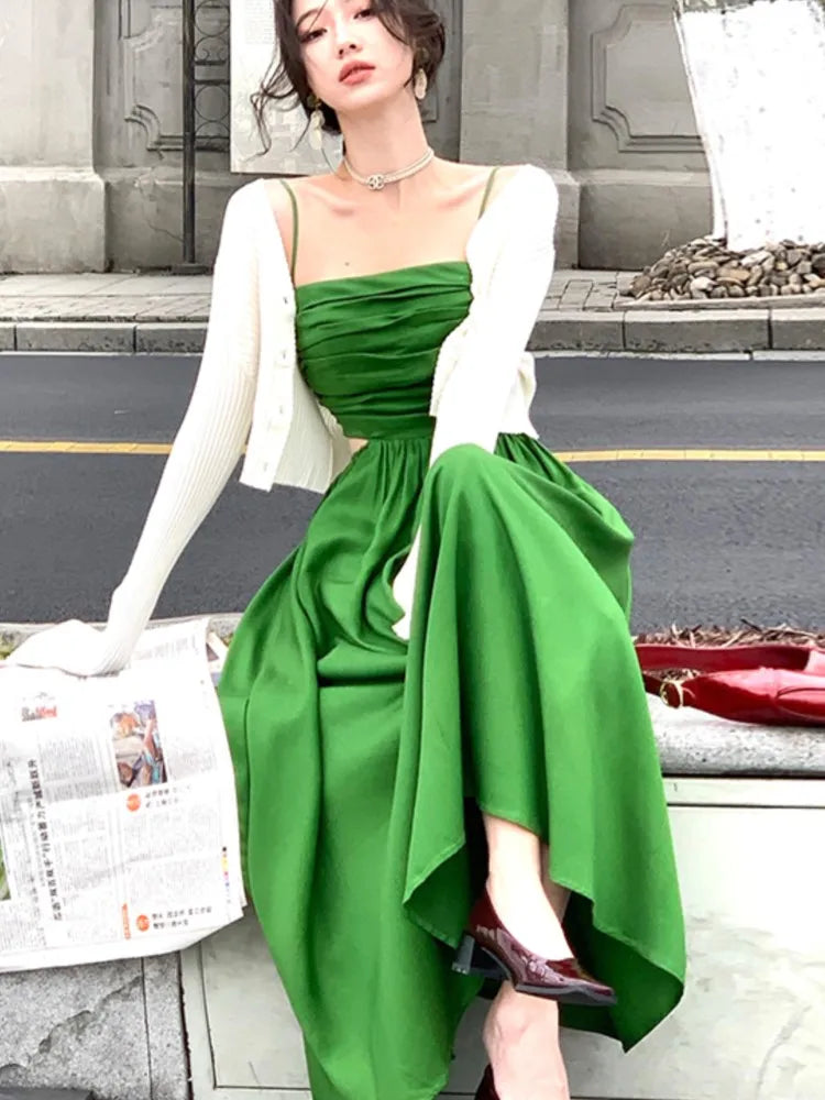 White Suspender Long Dresses for New Summer Hollow Out Expose Waist Clothes Beach Vacations Female Dress