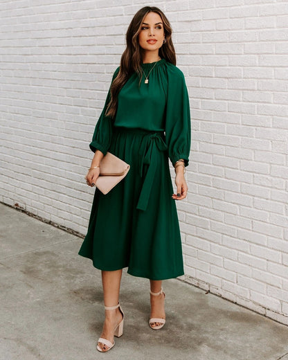 Office Dress Formal Loose Green Long Sleeve Belt A-line Midi Dresses
