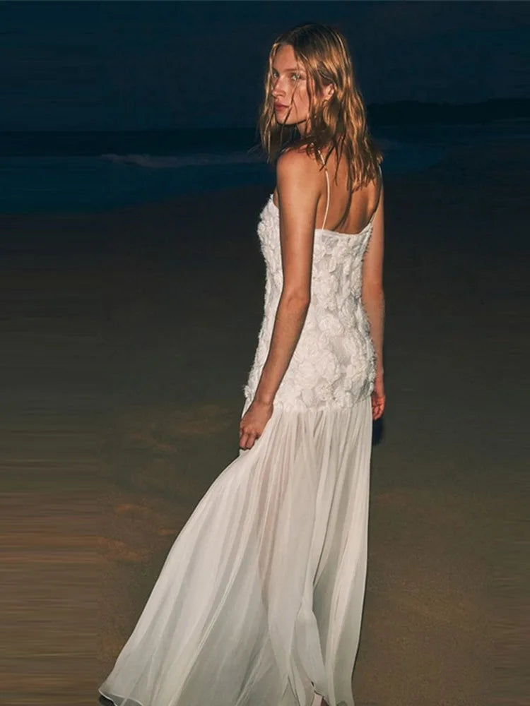 3d Sling Long Dress Retro White Backless Pleated Maxi Evening Dresses Female Spring Street Party