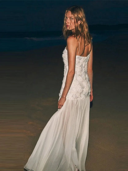 3d Sling Long Dress Retro White Backless Pleated Maxi Evening Dresses Female Spring Street Party