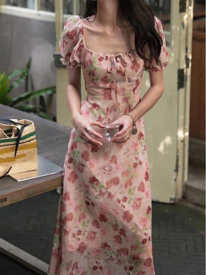 French Printed Midi Dresses for Summer Puff Sleeve Square Collar Slim Party Dress One Piece Vestido