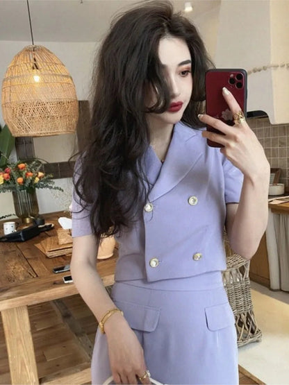 Summer Blouse Suits Purple Korean Short Sleeve Shirts +hight Waist Skirts 2 Pieces Set