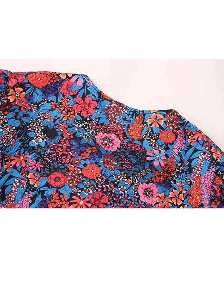 Woman Printed Blouses Top Lace Up Round Neck Short Sleeves Tshirt Female Flounce Cropped Tops