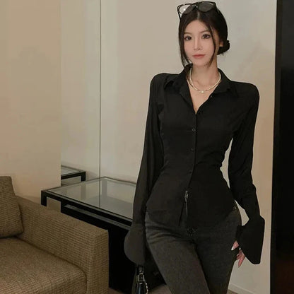 Bandage Shirts White Flare Long Sleeve Slim Blouses Spring Korean Black Lace Up All Match Tops
