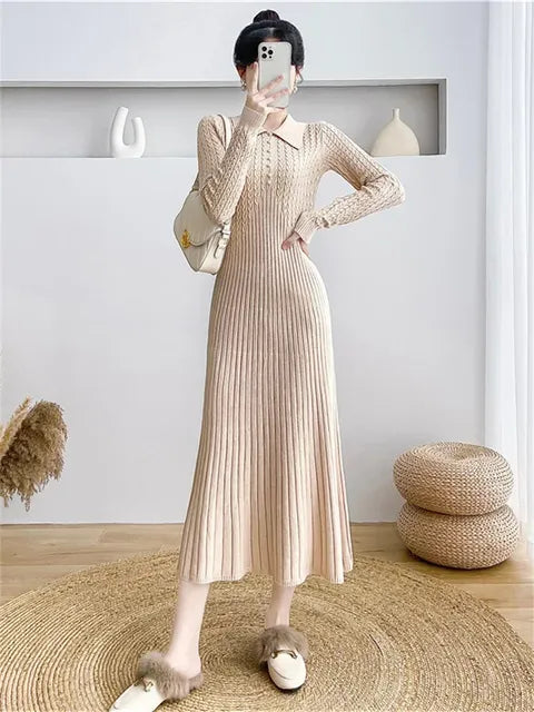Ribbed Autumn Knit Long Dress for High Waist Long Sleeve Dress Lapel Loose Knitwear Maxi Dress
