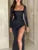 Long Sleeve Ruched High Split Maxi Dress Square Collar Drawstring Bodycon Party Long Dress Autumn