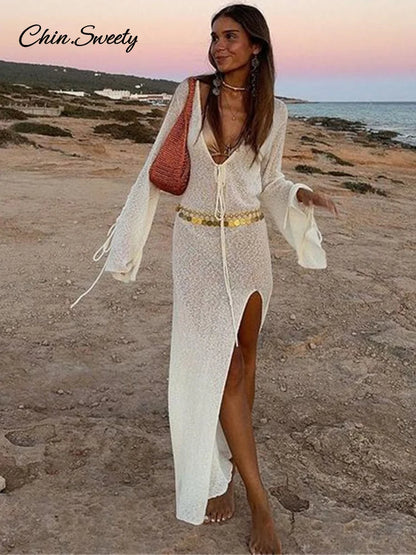 Beach V-neck Long Dress White Knitted Lace Up See Through High Slit Maxi Dresses Summer Lady Holiday Vacation Robes