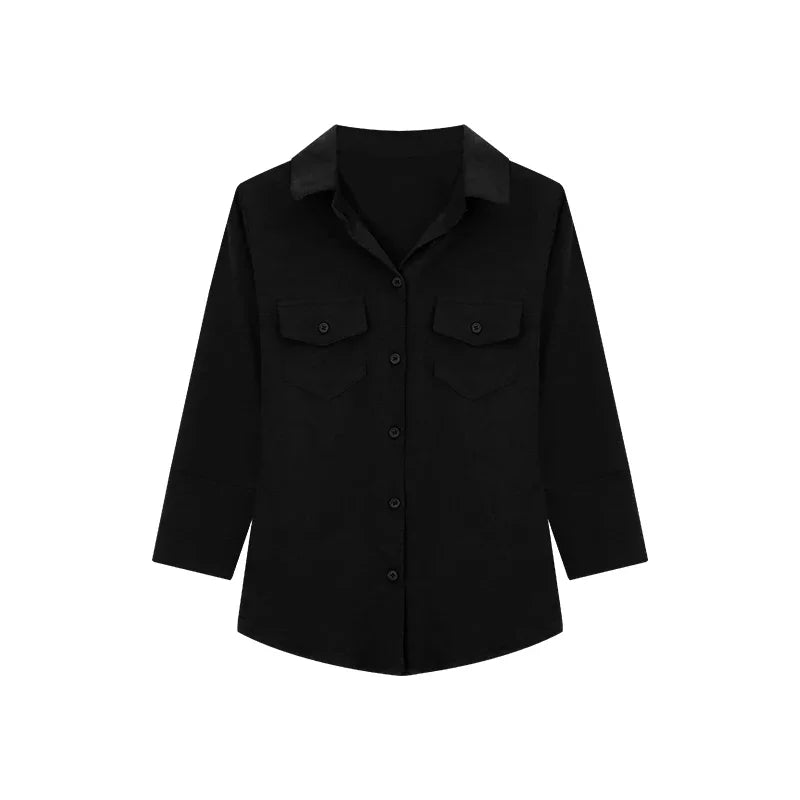 Navy Blue Three Quarter Shirt for Tops Button Up Slim White Blouse Female Autumn Black Clothes