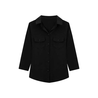 Navy Blue Three Quarter Shirt for Tops Button Up Slim White Blouse Female Autumn Black Clothes