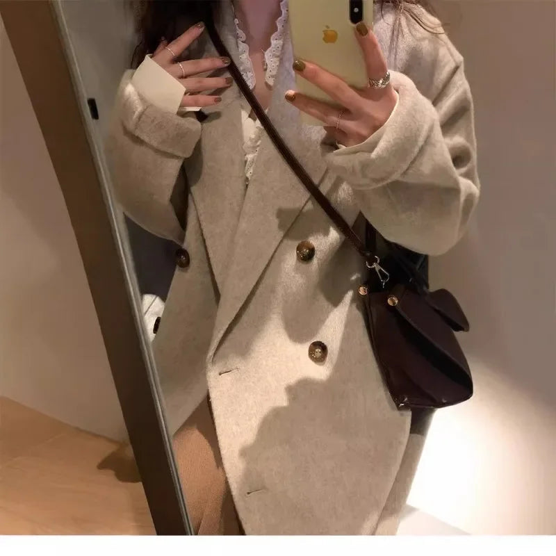 New Wool Blend Coat Mid Long Woolen Blazer Thick Warm Blouse Overcoat Office Lady Tops Autumn Winter