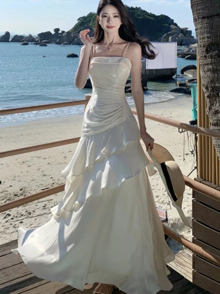 Ruffles Birthday Party Dresses Summer Irregular Spaghetti Strap Sleeveless Long Dress Slim Holiday Beach Vestidos