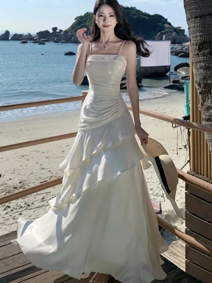 Ruffles Birthday Party Dresses Summer Irregular Spaghetti Strap Sleeveless Long Dress Slim Holiday Beach Vestidos