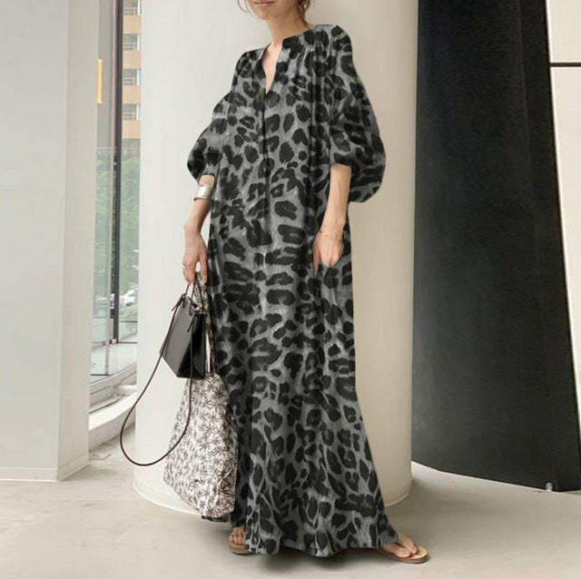 Leopard Print Long Dresses Temperament V-neck Puff Sleeves Loose Dress Style Vestidos Spring New