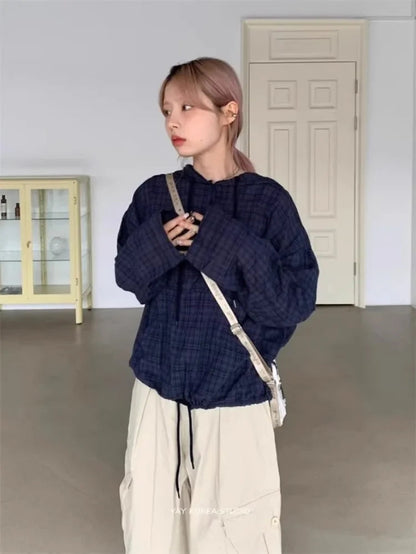 Korean Retro Plaid Drawstring Hoodie Button Tops Autumn New Loose Blouses Y2k Grunge Long Sleeve Blusas Mujer Shirt