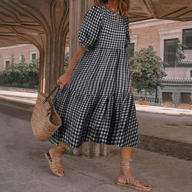 Summer New ’s Print Dress Puff Short Sleeves Ruffles Loose A-line Midi Dresses Beach Vacation Vestidos