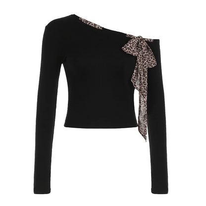 Design Skew Collar Leopard Lace-up Top Tees S Autumn Clothes Long Sleeve Slim Y2k Blouse New