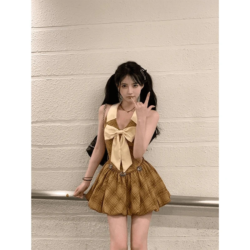 Plaid Dresses Bodycon Bow Ruffles Mini Dress Short Party Sweet One Piece Dress Korean
