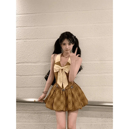 Plaid Dresses Bodycon Bow Ruffles Mini Dress Short Party Sweet One Piece Dress Korean