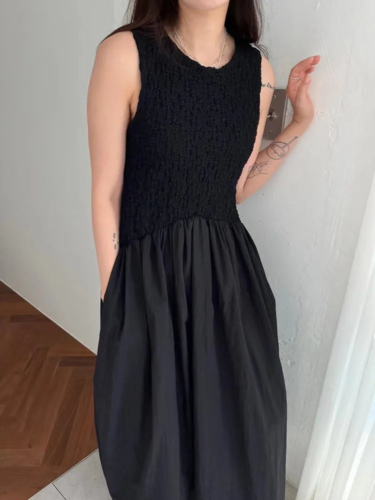 Long Dress Korean Summer Design Round Neck Pleated Texture Slim Fit Sleeveless Vest Vestidos