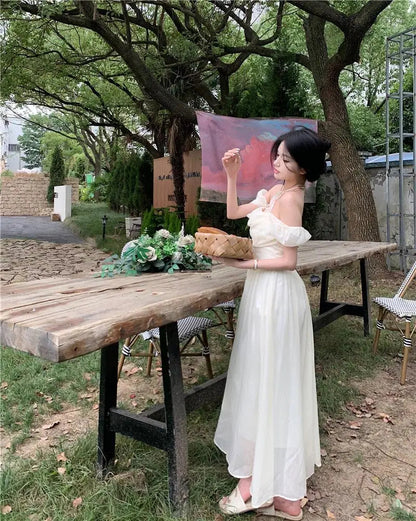 Summer Halter Midi Dress Female Chiffon Square Neck Party One Pieces Dresses French New Vestidos Robe