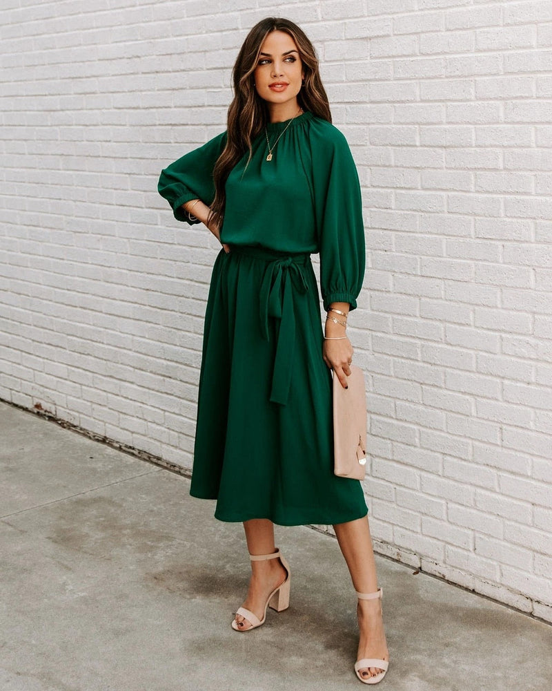 Office Dress Formal Loose Green Long Sleeve Belt A-line Midi Dresses