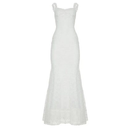 Floor-length Fishtail Dress White Lace Sleeveless Bodycon Maxi Dress Summer Clubwear