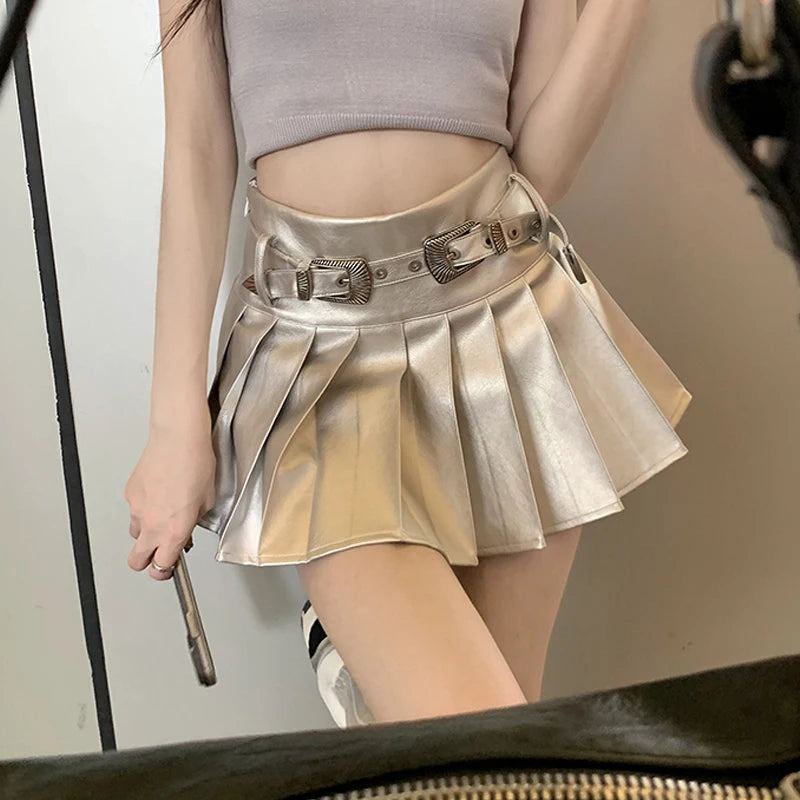 Summer Silver Pleated Skirt Y2k Short Leather Skirt Harajuku Korean Kawaii Aline Mini Skirts