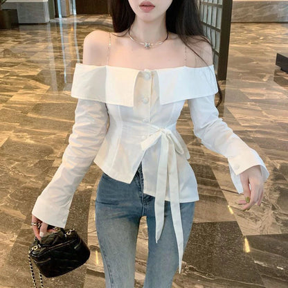Slash Neck Shirts Ruffles Bandage White Blouses Korean Chain Long Sleeve Design Slim Tops New