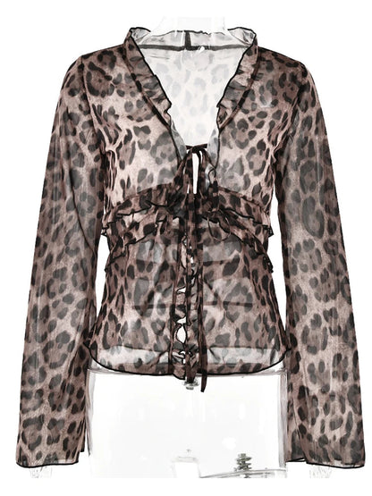 Leopard Chiffon Shirts Flared Sleeve Sheer Mesh Leopard Blouse Top Laceup V Neck Long Sleeve Summer New