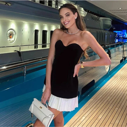 Strapless Velvet Patchwork Pleated Mini Dress Off Shoulder Backless Slim Vestidos New Evening Party Gown
