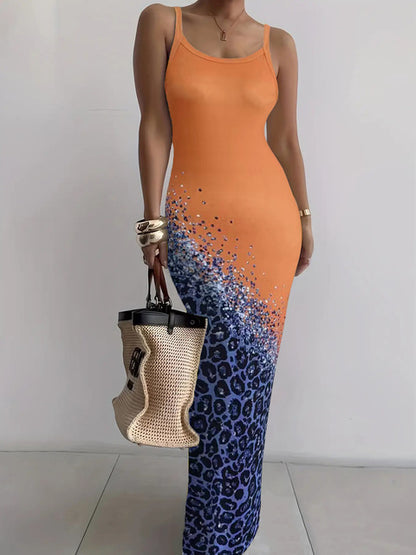 Color Tie Dye Print Spaghetti Strap Long Dresses Package Hip Bodycon Dress Female Club Vestidos