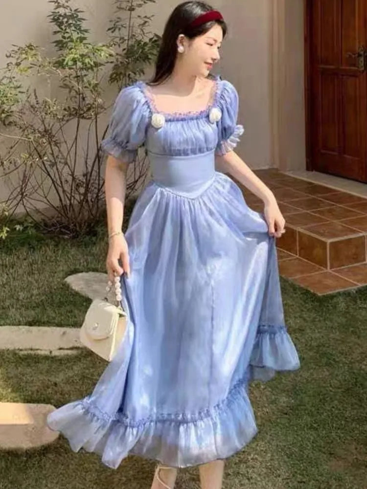 French Blue Fairy Evening Dresses for Square Collar Birthday Party Midi Dress Summer Aline Vestidos Robe