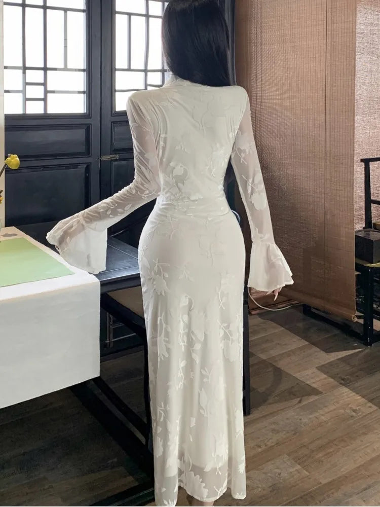Flare Sleeve Long Dresses for New Autumn Vneck Slim Wedding Runway Party Lace Vestidos Clothing Long Robe