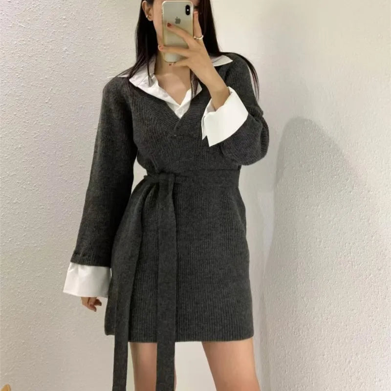 Korean Mini Dresses Turn-down Collar Long Sleeve Shirt Patchwork Autumn Winter Knitted Dress Vestidos