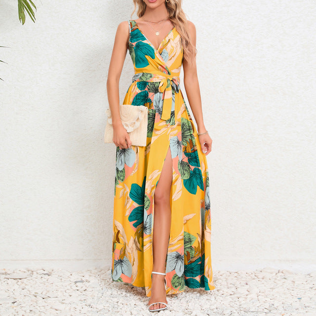Summer Flower Print Sleeveless Long Dresses V-neck Slim Leace-up Slit Dress Female Commuting Vacation Vestido